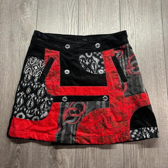 Desigual Dresses & Skirts - Desigual Y2K Patchwork Corduroy Mini Skirt 32" Red Black Graphic Print Boho